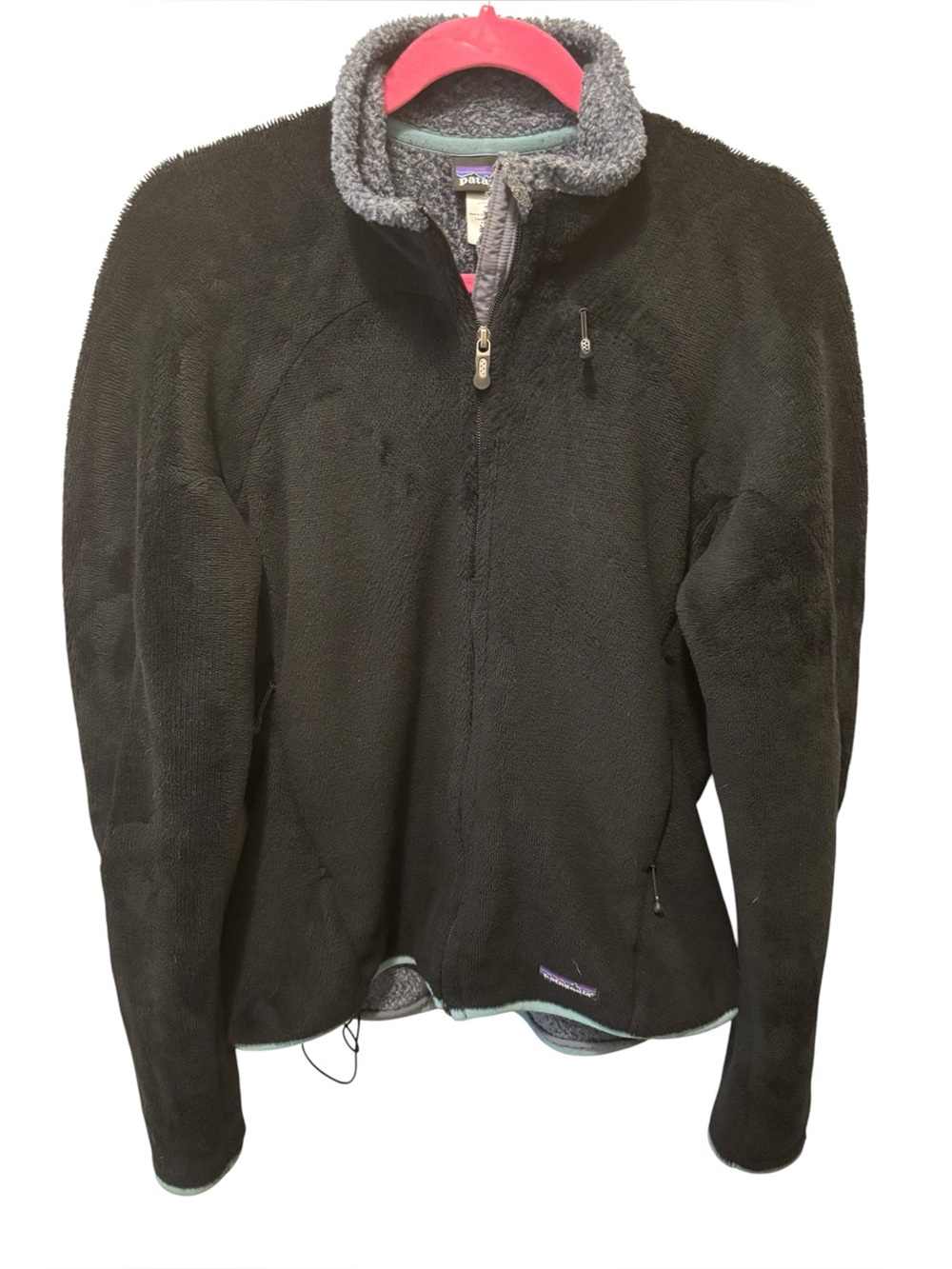Patagonia Regulator R2 Fleece Full Zip Jacket Sz L Black/Gray Teal Trim Cozy